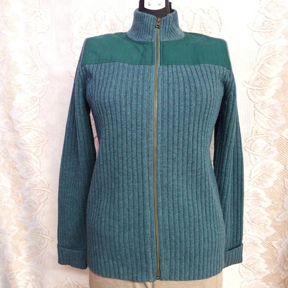 L.L. Bean Womens Size M Regular 100% Merino Lambswool Ribbed Zip Up Sweater Teal